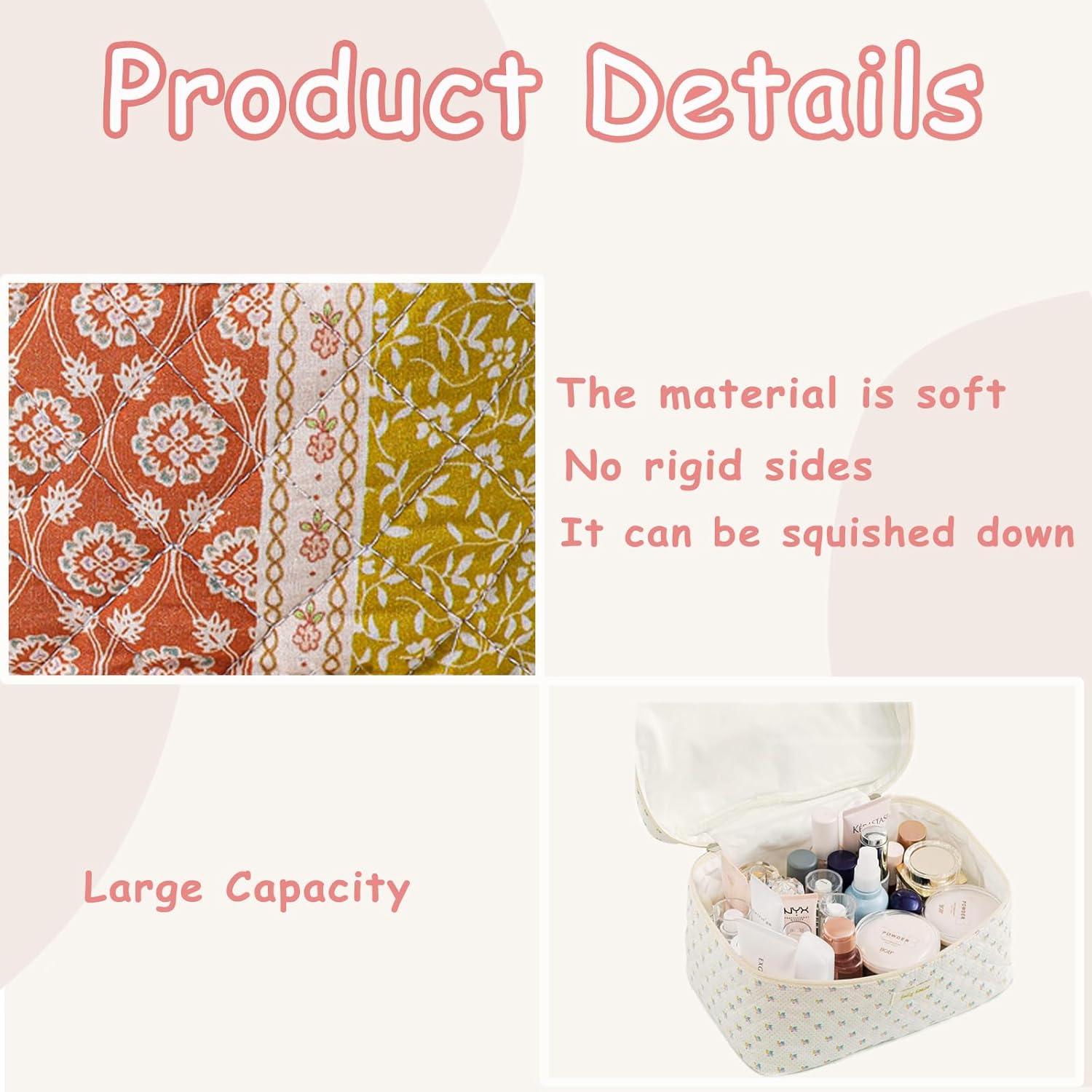 RSRSLEII 3Pcs Large Quilted Makeup Bag for Women and Girls, Cute Coquette Floral Cotton Cosmetic Bag, Aesthetic Travel Organized Toiletry Bags (3pcs Brown)