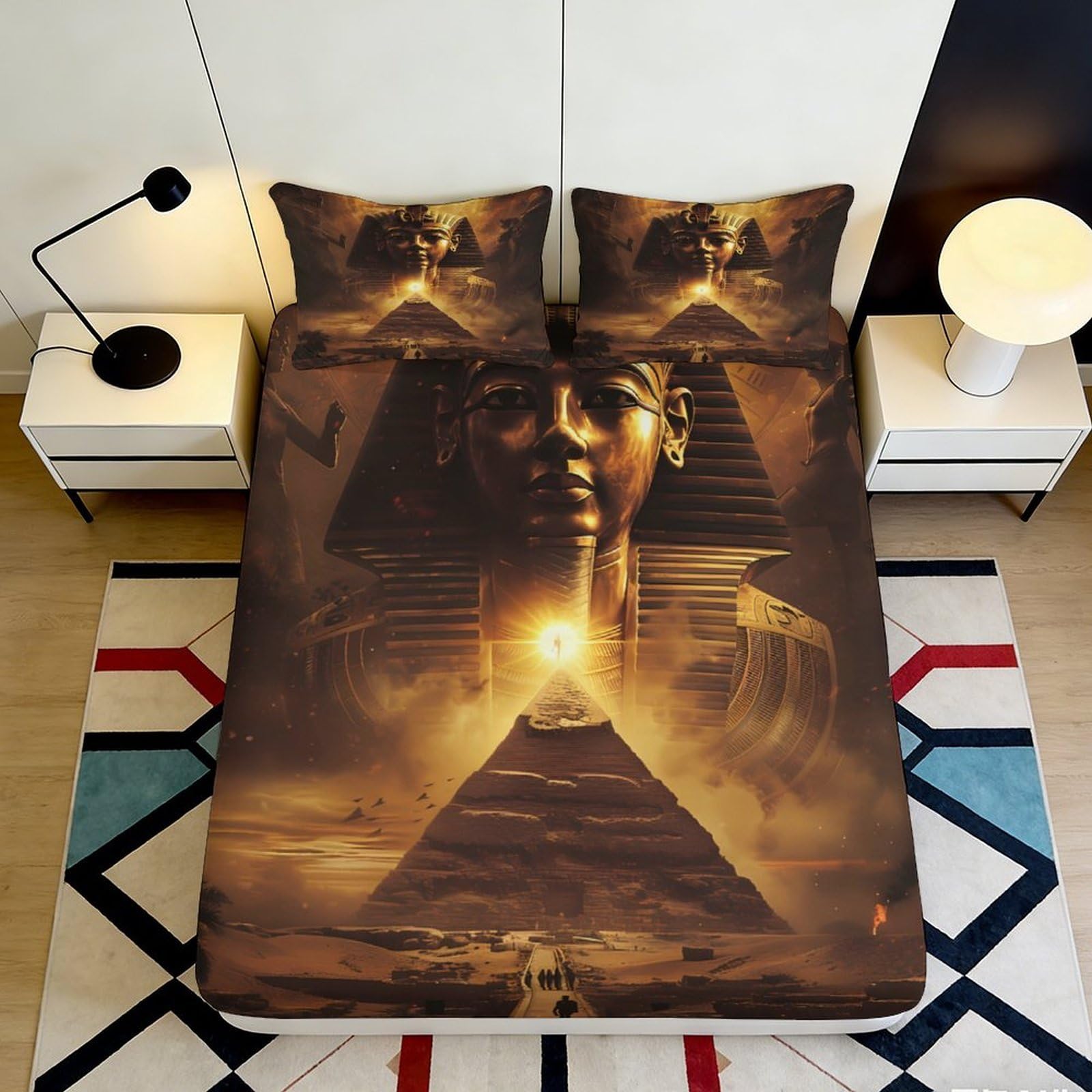 3D Printed Egyptian Pyramid Fitted Sheet Microfiber Soft Breathable Sphinx Bed Sheet for Bedroom Guest Room Decor 90x200x25cm