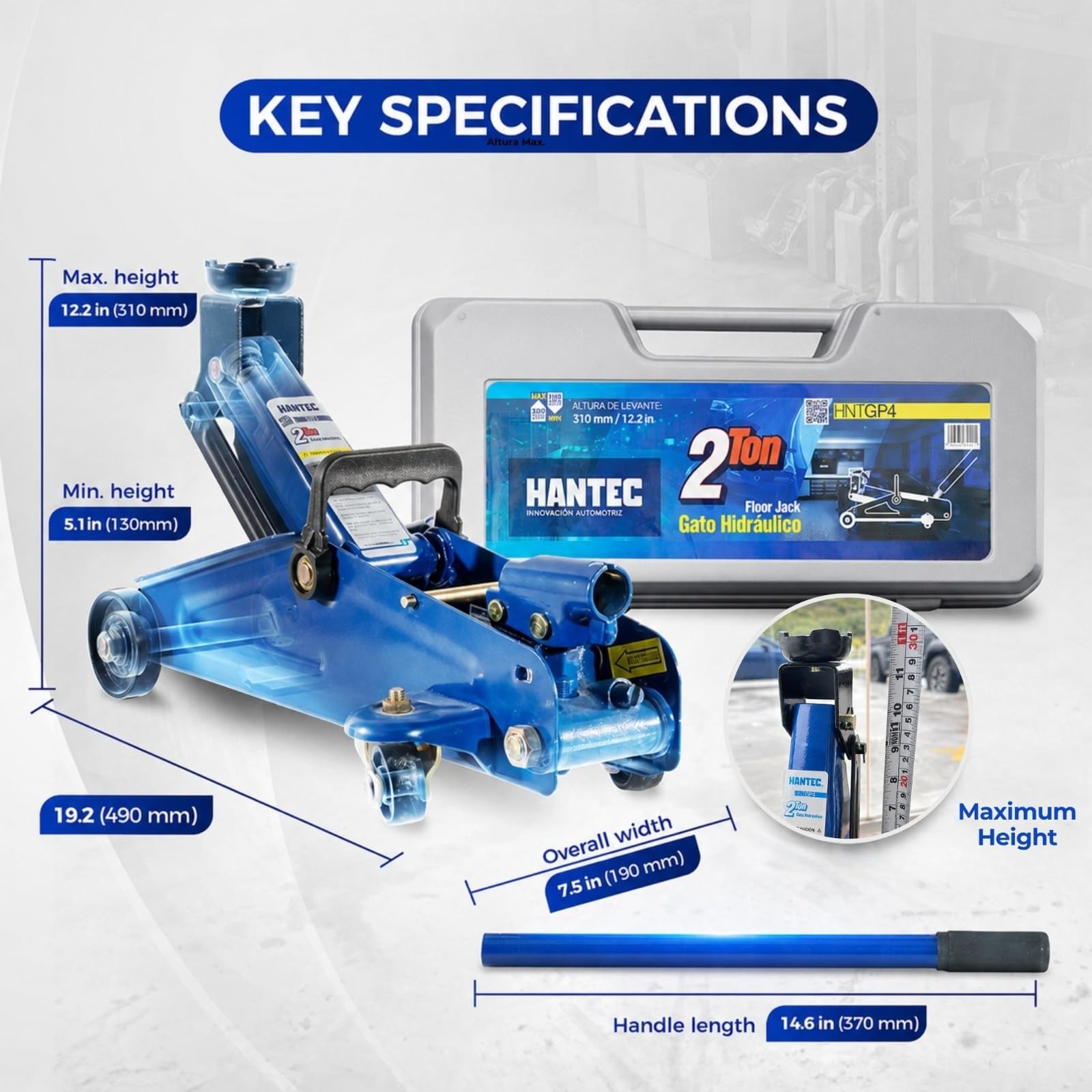 Hantec Hydrauliczny podnośnik podłogowy o pojemności 2 tony, podnośnik z zaworem bezpieczeństwa, kołami obrotowymi i twardą walizką, udźwig 2 kg, niebieski