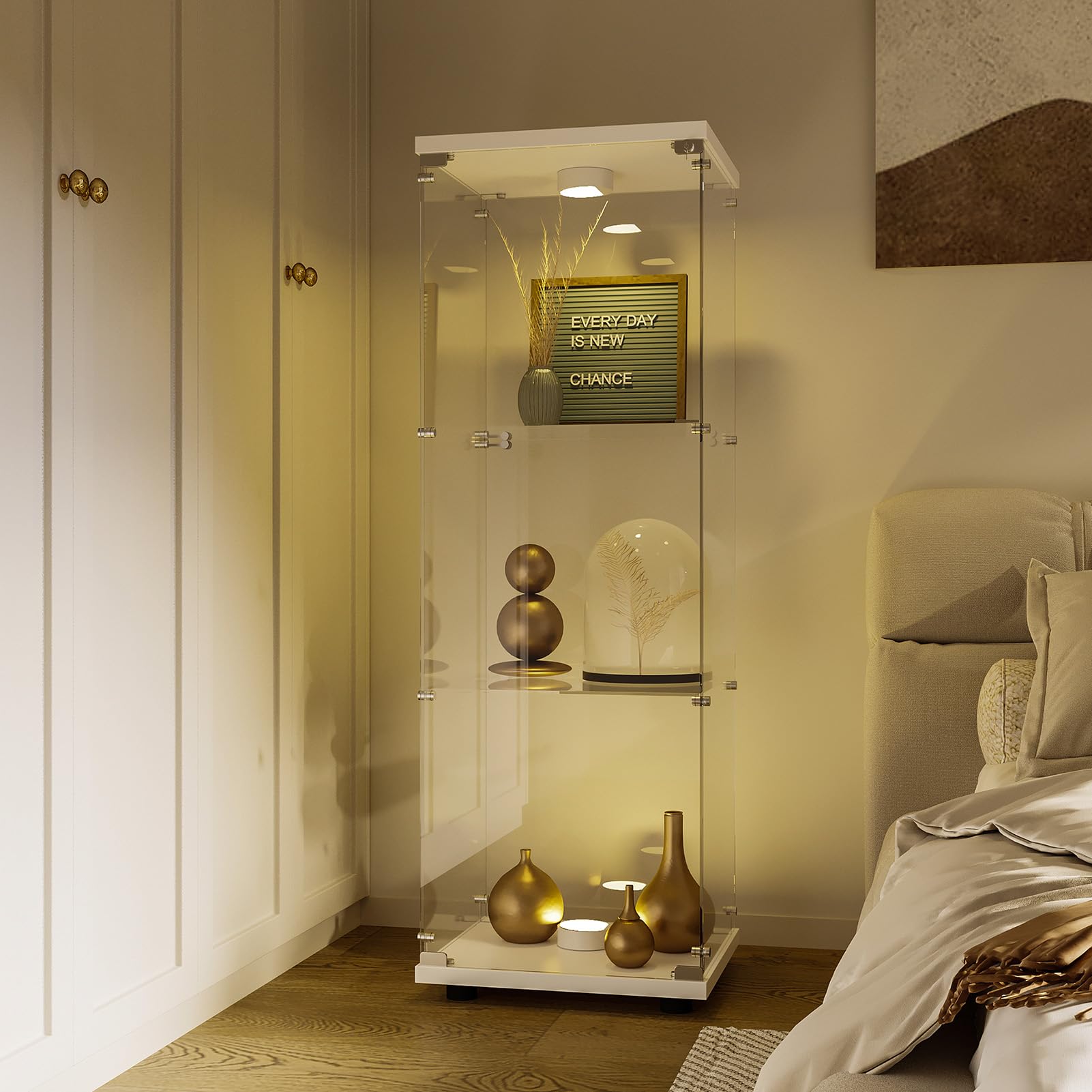 BRILVERDE Vitrina de cristal de pie, con LED, 3 pisos, con puertas y cerradura, para coleccionistas, libros, vino, oficina, salón (blanco, 125 x 42 x 36 cm)