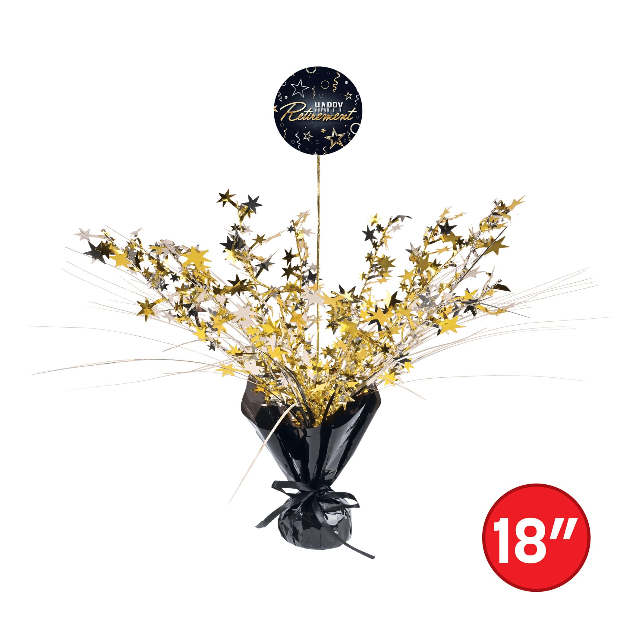 Beistle Happy Retirement Gleam 'N Spray Centrotavola – Confezione da 2 centrotavola in metallo nero oro e argento, decorazioni per feste per banchetti, invii in ufficio, eventi celebrativi pietra