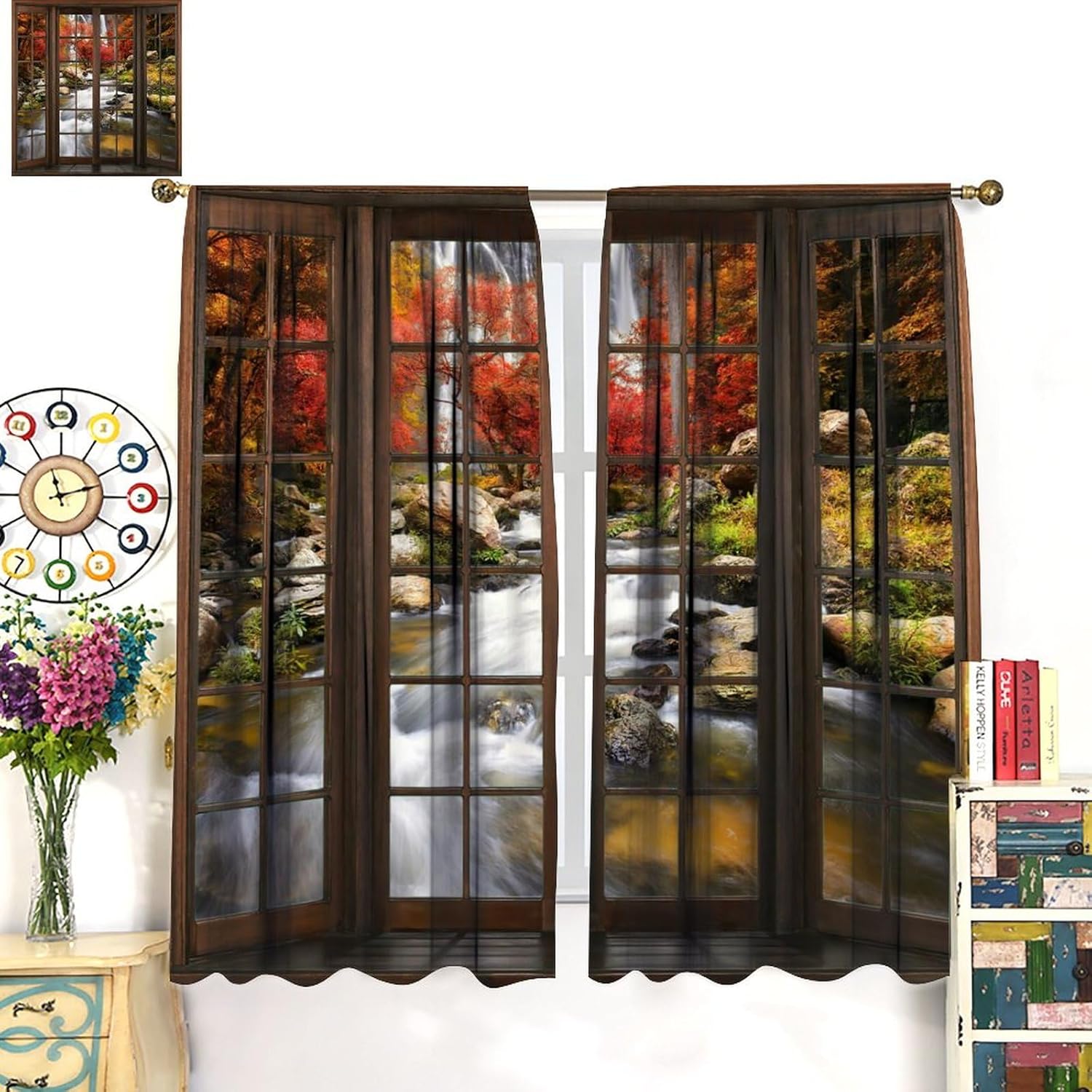 Forest Blackout Curtains, Windows Outside 3D Waterfall Forest Natural Landscape for Bedroom Living Room, 2 Panel Set,42X45 Inch, Style-2