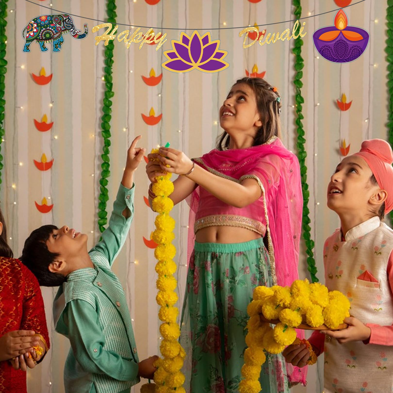 2 Pcs Happy Diwali Banner Hanging Diwali Decorations for House Indian Festival of Lights Party Supplies Diwali Diyas Elephants Lotus Bunting for Deepawali Party Indoor Outdoor Indian Theme Decor - Image 4