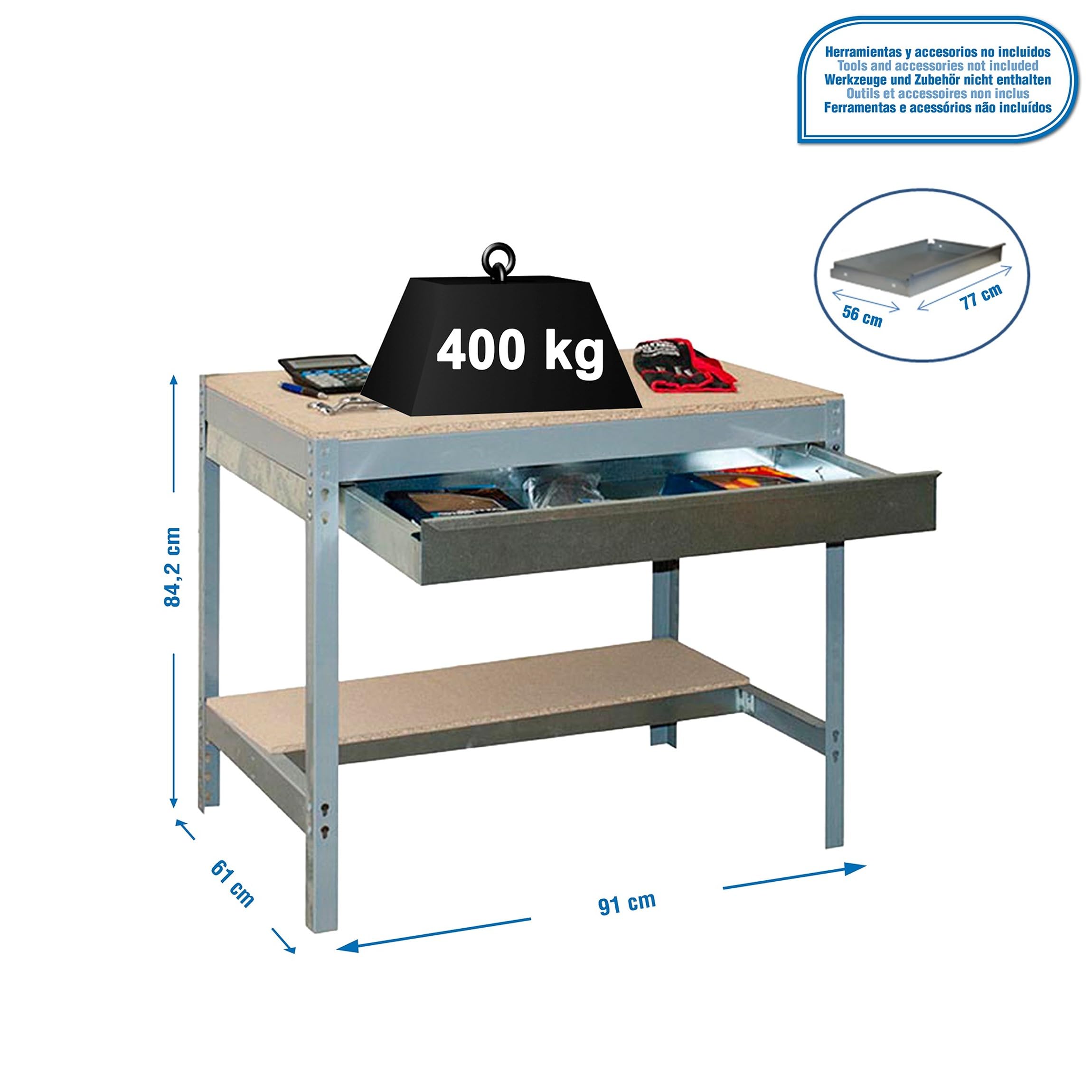 Simon Rack Stół warsztatowy z szufladą, nośność 400 kg, 842x910x610 mm, blat z płyty wiórowej 16 mm, stół roboczy do garażu i warsztatu, Szary/Drewno – Simonwork