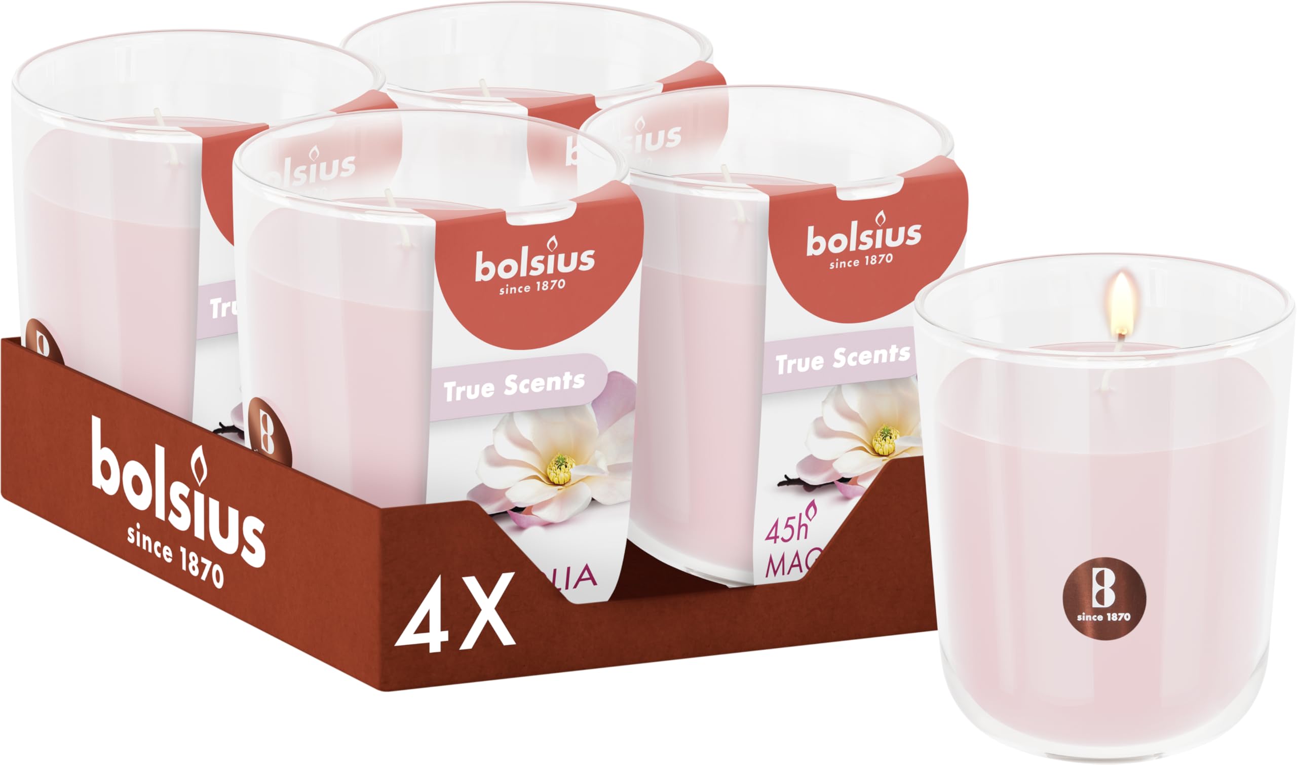 Bolsius - Magnolie - Pink - Set of 4 Scented Candles - 3.8″ × 3.3″ - Burn time: 45 Hours - with Natural extracts - Natural Vegetable Wax - Palm Oil Free