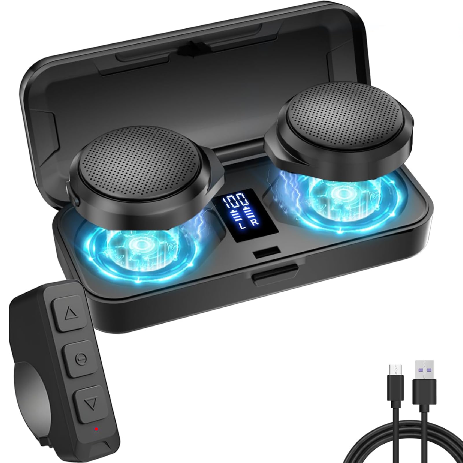 Zestaw Słuchawkowy Bluetooth Motocyklowy z obudową ładowania i Pilotem, Głośnik Kasku Bluetooth z Mikrofonami, Bezprzewodowe Zestawy Słuchawkowe do Narciarstwa i Jazdy na świeżym
