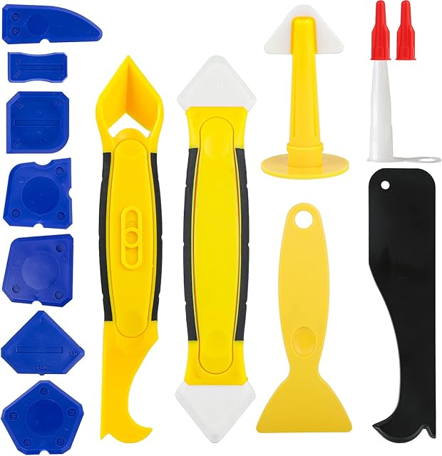 Caulking Tool Kit, KissDate 15PCS Sealant Remover Tool with Silicone Scraper, Caulk Scraper Tool, Caulk Nozzle, Sealant Finishing Smoothing Removal Tool for Bathroom Kitchen Floor Corner Gap Sealing