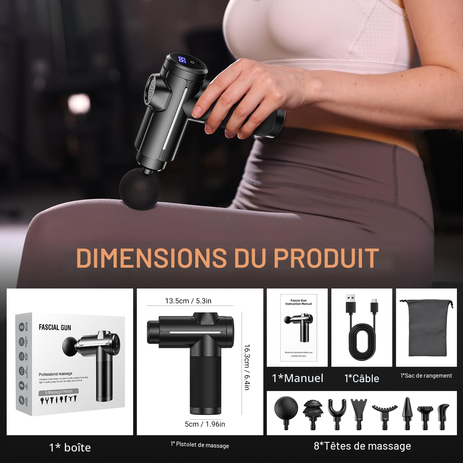 Pistolet de Massage Musculaire, Masseur de Muscle Profonds Massage gun avec 32 Niveaux Réglables, 8 Têtes de Massage Pistolet Massage pour Douleurs Musculaires et Raideurs