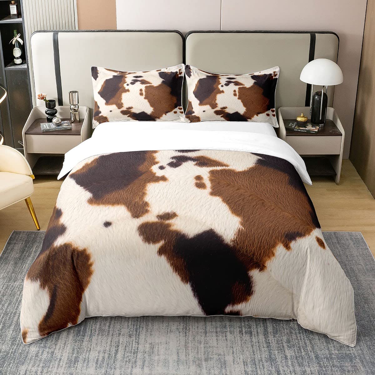 Rindsleder 100% Gewaschene Baumwolle Bettbezug Western Farm Tier Pelz Bettwäsche Set 135x200,Braun Weiß Kuh Tröster Bezug für Kinder Zimmer Dekor,Wildlife Rustikale Bauernhaus Kuh Steppdeckenbezug