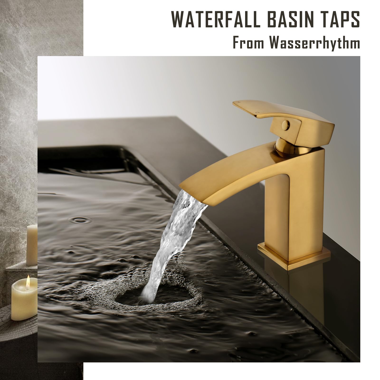 Hapilife Rubinetti per lavabo Miscelatore a cascata con scarico a scomparsa Rubinetti per lavabo da bagno in oro spazzolato Rubinetti miscelatori quadrati oro mono guardaroba rubinetto monoblocco 1
