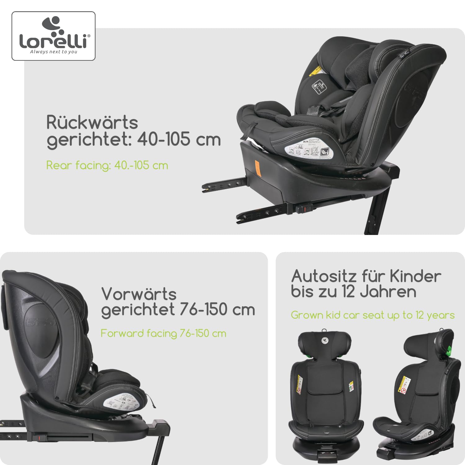 Lorelli Auto Kindersitz Estate mit Isofix Basis und Stützbein, 360 Grad drehbar, 0-36kg Mitwachsender Autositz i-Size 40-150cm, Babysitz ab Geburt, 5-Punkt-Gurt, Einstellbare Kopfstütze, grün