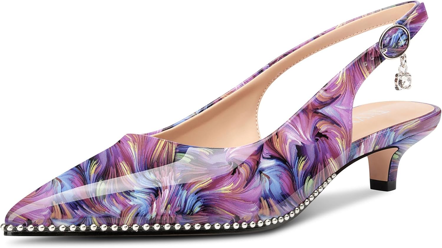 TNYNFBEB Womens Low Kitten Heel Close Pointed Toe Pumps Slingback Silver Beaded Buckle Prom Party Dress Patent Leather 1.4 Inches Heels