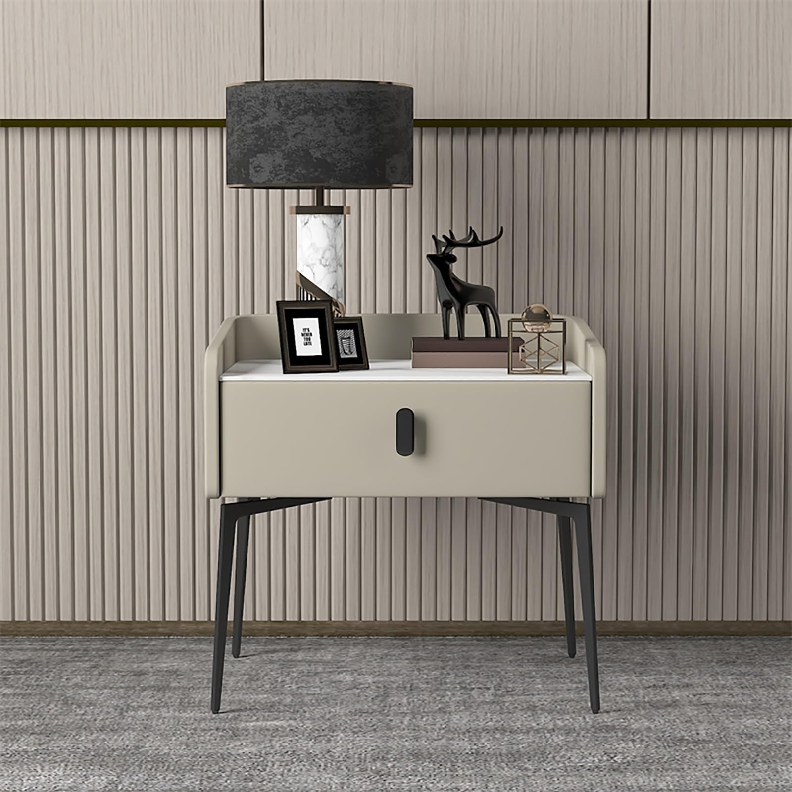 Table de chevet moderne en bois massif gris avec rangement à tiroirs