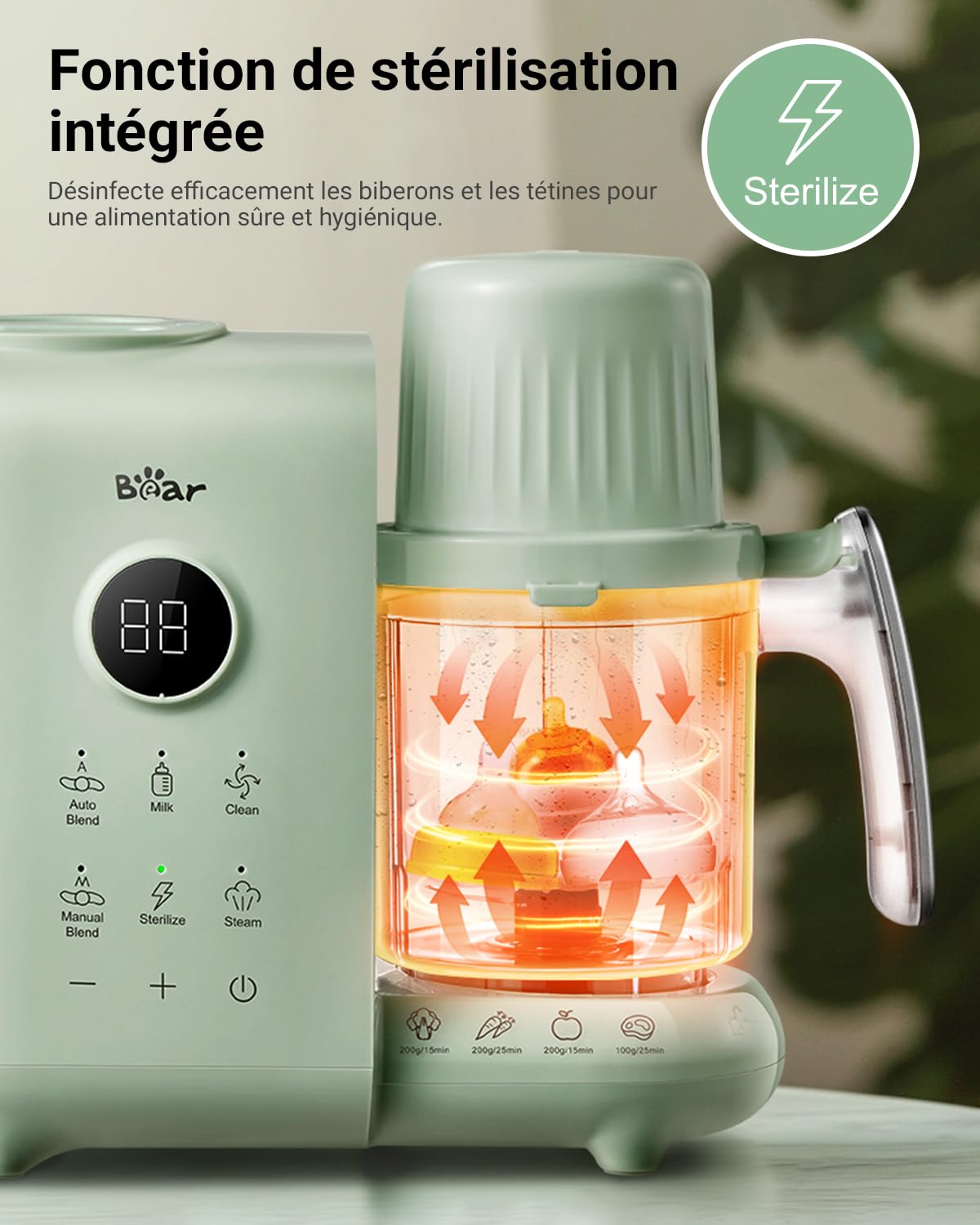 Bear Robot Cuiseur Mixeur Bébé avec Panier Vapeur 500ml,Robot Cuiseur Bebe Multifonctions Automatique Pour Purées Maison Sain,Désinfection,Fonction De Nettoyage Automatique,Sans BPA