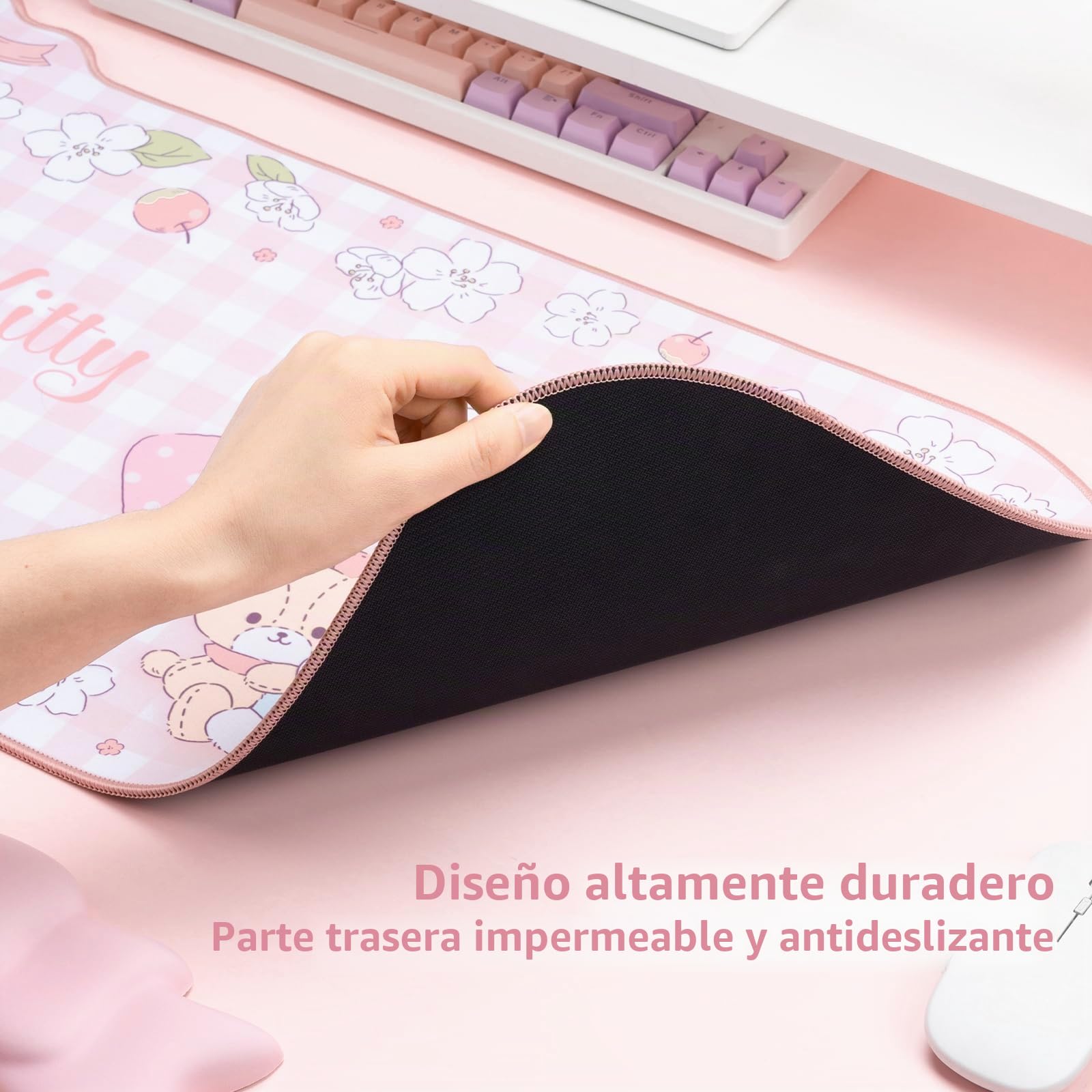 Set de Alfombrilla y Reposamuñecas Kuitmor Anime Kawaii - Alfombrilla de Escritorio Antideslizante con Reposamuñecas de Lazo y Espuma Viscoelástica para Teclado y Ratón, Ideal para Gaming y Oficina en
