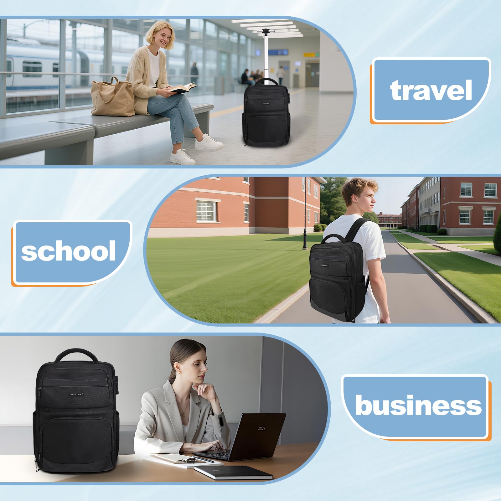 Hivexagon Passwortgeschützter Rollrucksack, 21 Zoll wasserdichter Laptop-Rollrucksack, Handgepäck-Businesstasche, große Kapazität, mehrlagiger Stauraum
