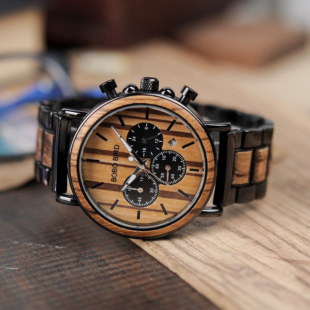 Bobo Bird Herren Holz-Edelstahl Armbanduhr Military in Braun Chronograph mit Einem Gliederarmband Handgefertigt Quarz Analog Uhr inkl. Geschenkbox, Schwarz