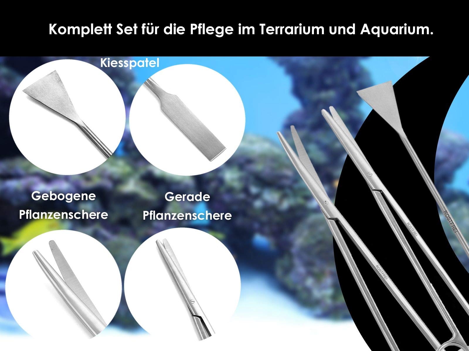 Komplett-Aquarium - Terrarium Set (Pflanzen-Pinzetten, Pflanzenschere, Kiesspatel im Etui), Edelstahl