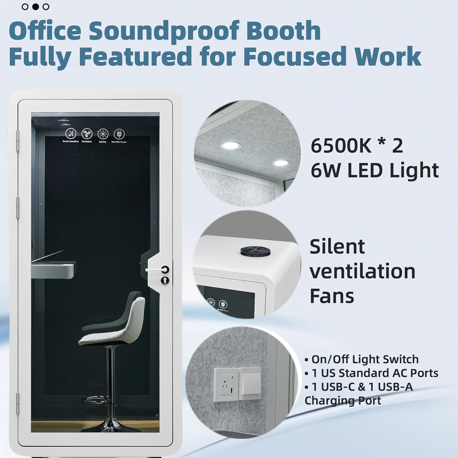 Mobile Office Pod Booth, Solo Soundproof Pod Acoustic Panels, Sound Pod Silent Ventilation, Wheels and Feet, Built-in Table, LED Lighting System, USB Ports White/Smoked Glass