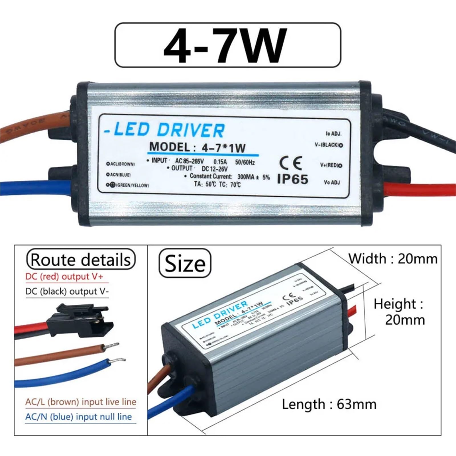 Sterownik LED 1-3 W, 4-7 W, 8-12 W, 12-18 W, 18-25 W, 25-36 W, adapter transformatora AC 85V-265 V, wodoodporny zasilacz IP65 300 mA do panelu świetlnego (4-7 W DC12-26V)