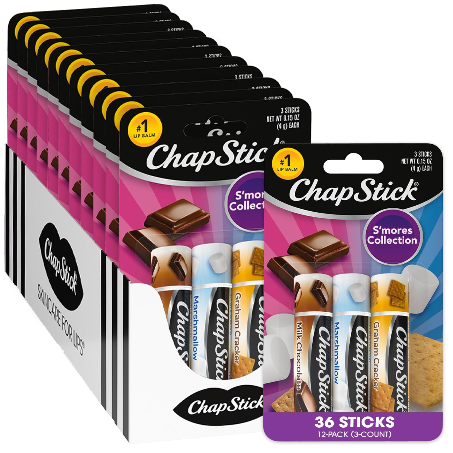 ChapStick Lip Moisturizer, S’Mores Collection 3-Packs (12 Sets/36 Tubes) – Bulk Lip Balm, Cozy & Sweet, 0.15 Oz Ea