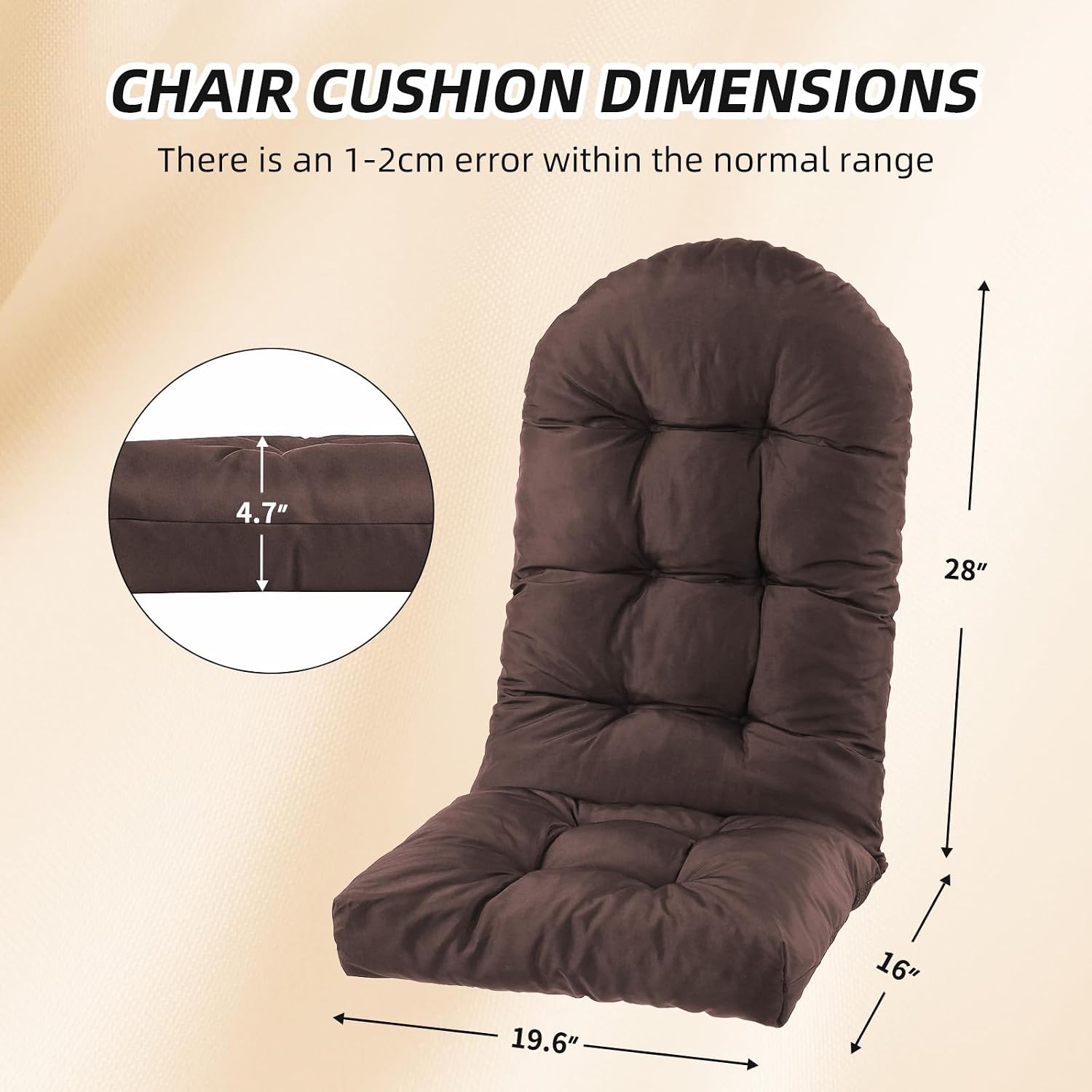 Outdoor Adirondack Chair Cushions Set of 2, Non-Slip Waterproof High Back Tufted Patio Seat Pads for Porch Rocking Chair 44"x19.6"x4.7", Brown