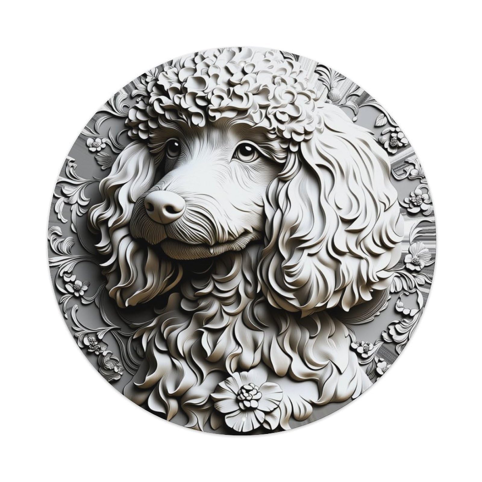 Dog Portrait Floral Relief Round Tin Sign Retro Metal Sign for Cafe Bar Pub Home Game Room Gym Club Wall Decoration Vintage Metal Poster 8x8 Inch