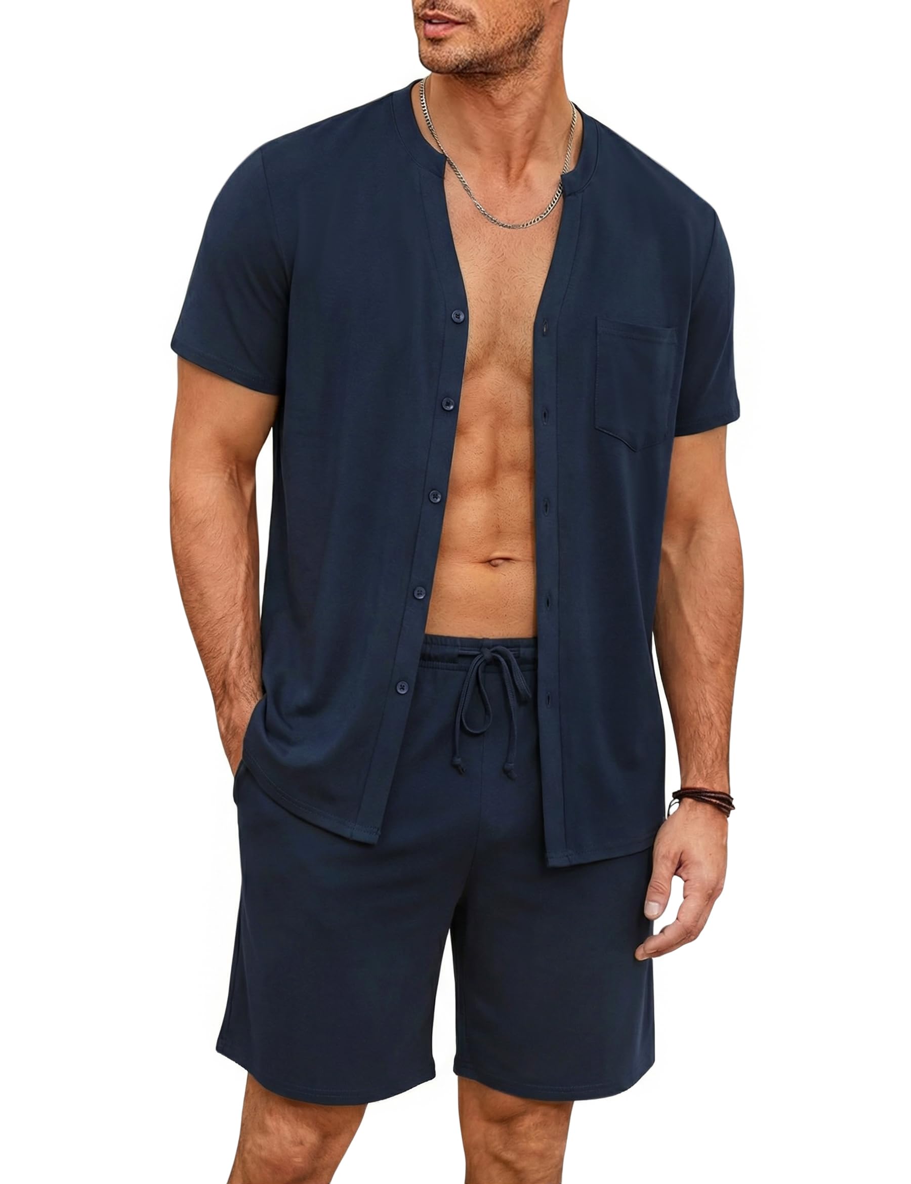 Demegimi Herren Schlafanzug Kurz Baumwolle Sommer Pyjama Set Weicher Hausanzug, mit V-Ausschnitt Knopfleiste Kurzarm Shirt & Schlafanzughose
