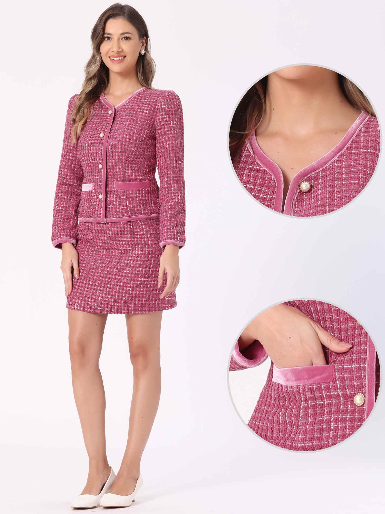 Allegra K Damen Business Anzug Set Zweiteilige Outfits Kariert Tweed Kurzblazer Jacke und Rock Set
