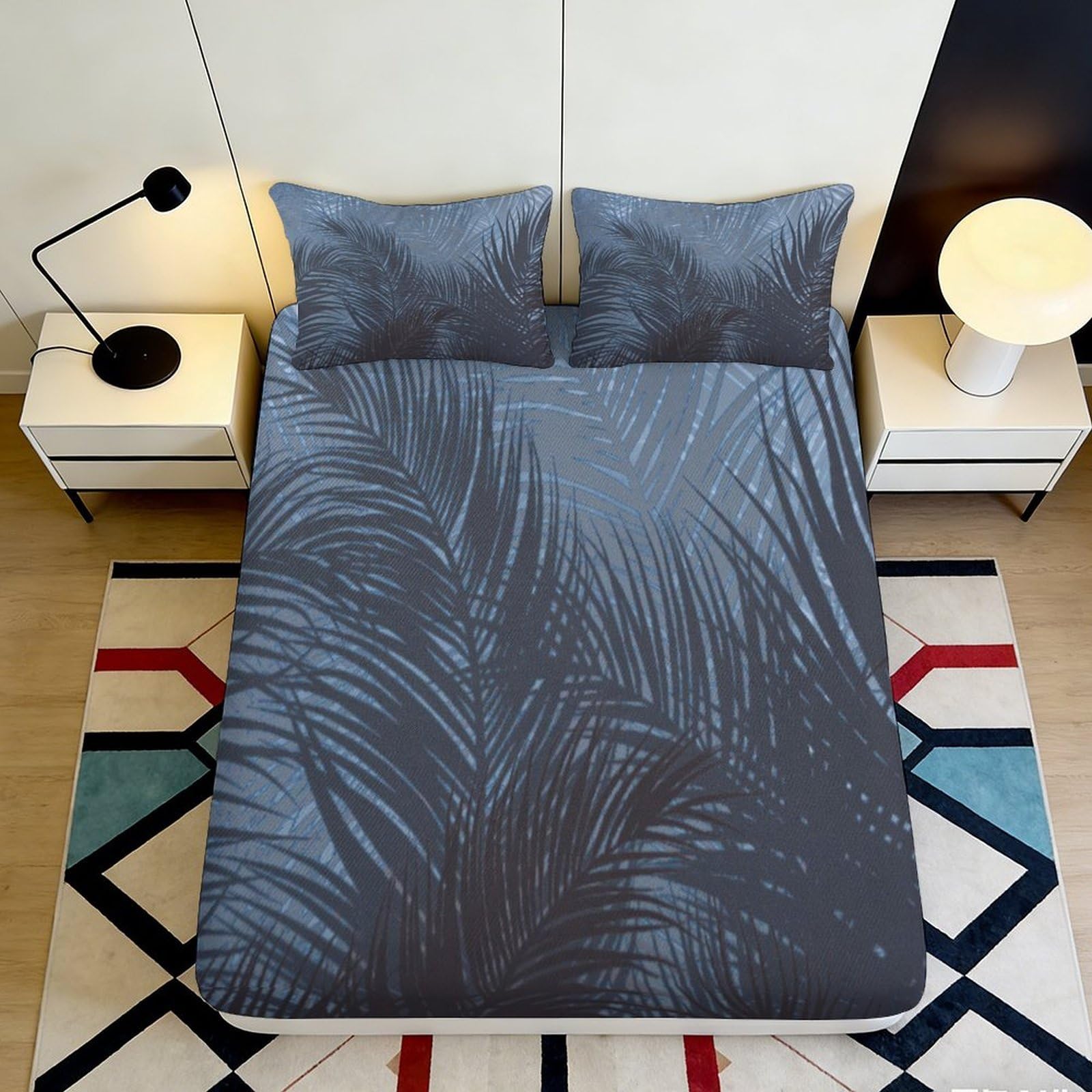 3D Printed Palm Leaf Fitted Sheet Microfiber Deep Pocket Bedroom Bedding Palm Leaf Mattress Fitted Cover Washable 200x200x25cm