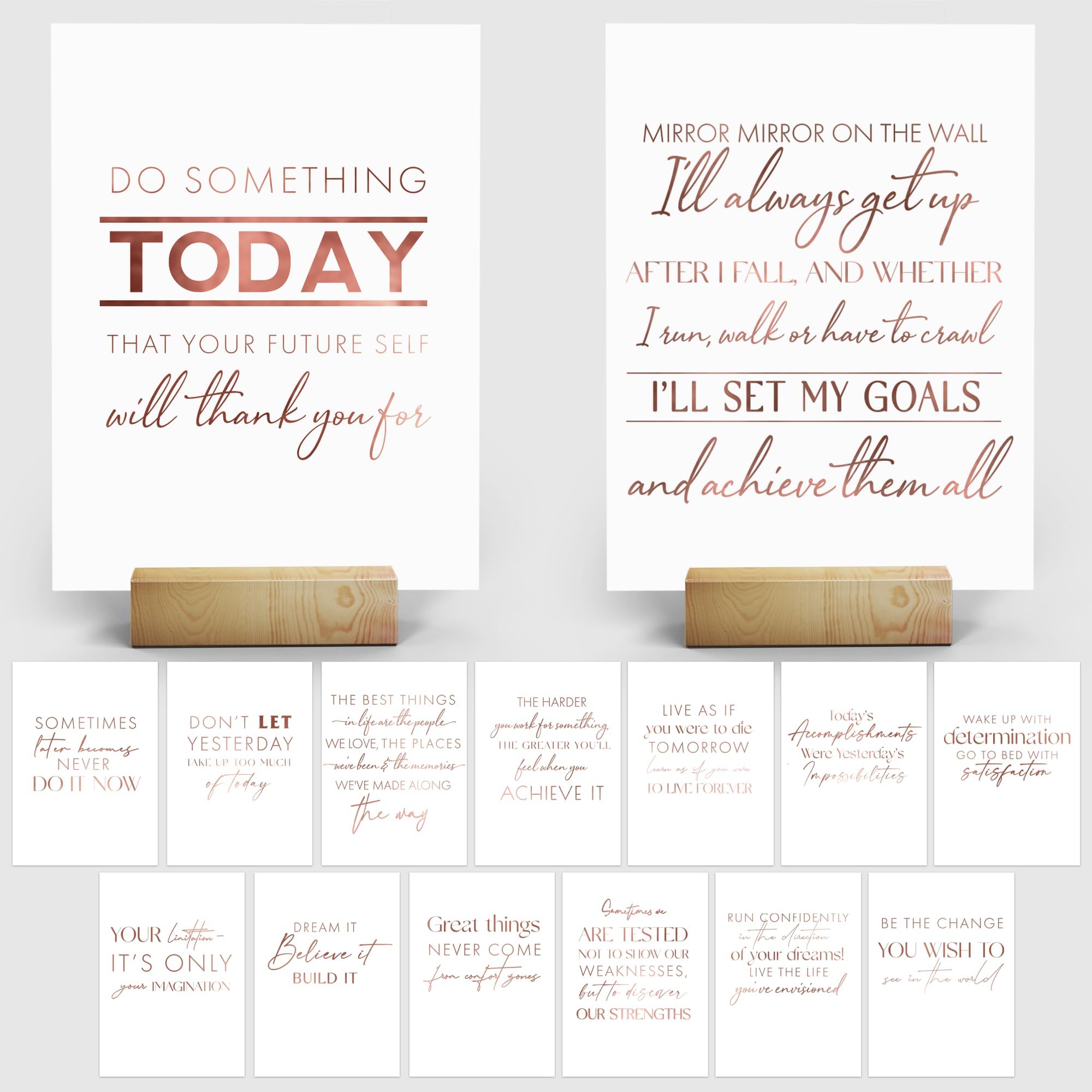 Merry Expressions Inspirational Office Desk Decor for Women, Rose Gold Home Office Decor, 15 Motivational Cards with Two Wooden BasesThe Forest Stewardship Council