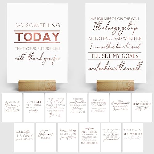 Merry Expressions Decoración inspiradora de escritorio de oficina para mujer, decoración de oficina en casa de oro rosa, 15 tarjetas motivacionales