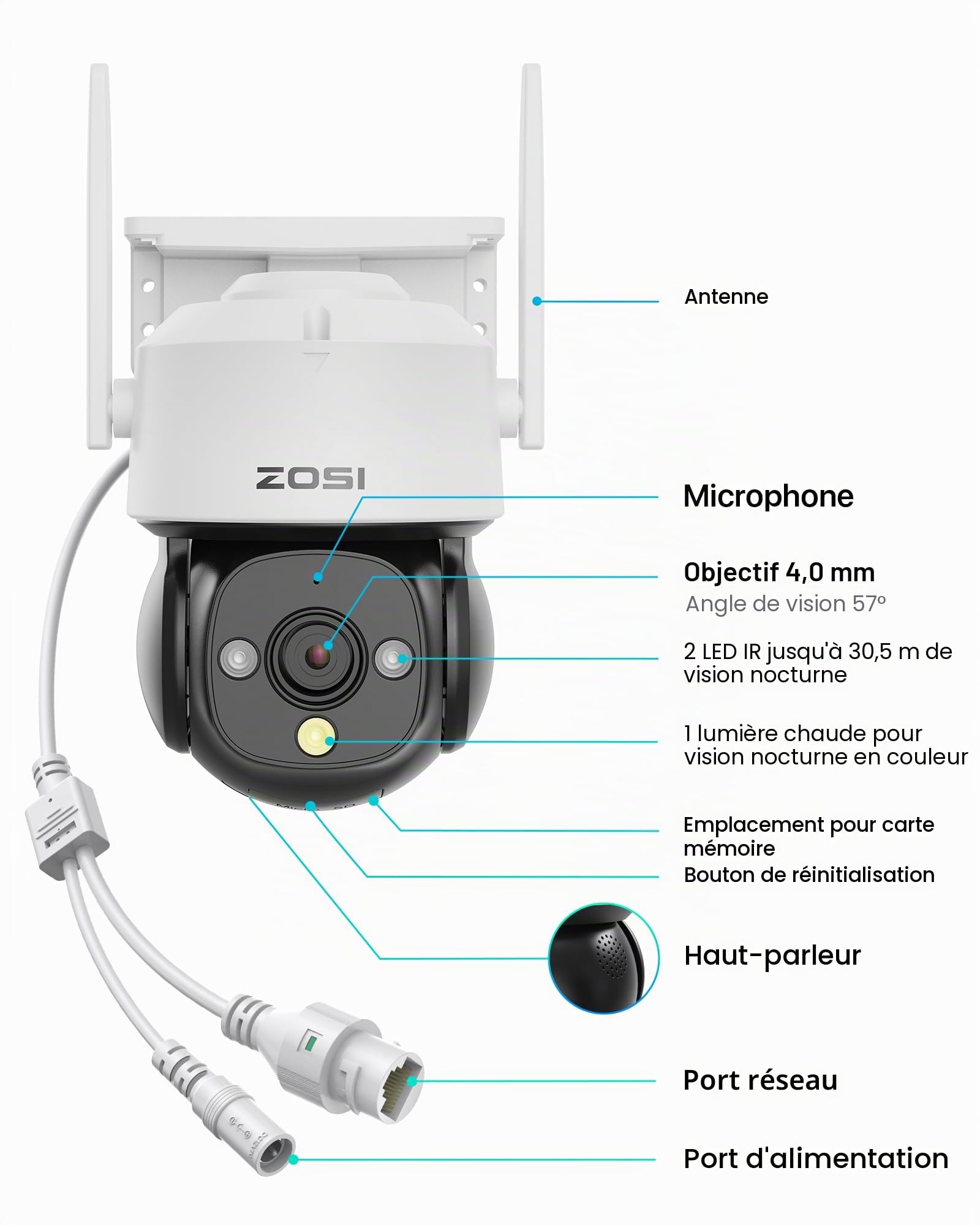 ZOSI 1080p Pan & Tilt 360° Caméra de Surveillance Extérieure | Détection IA Humaine/Véhicule Audio Bidirectionnel Alerte Sonore et Lumineuse Vision Nocturne Stockage Cloud/Carte Mémoire