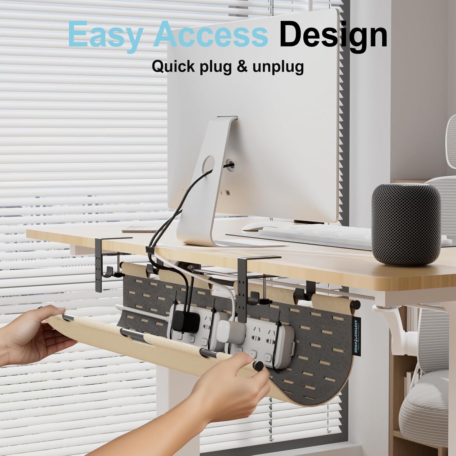 2-in-1 Under Desk Cable Management Tray & Privacy Panel, Dual-Sided Thick Felt Cord Organizer with 20 Cable Ties, Heavy Duty Steel Frame Support, No-Drill Clamp Mount, Large Capacity (Khaki/Gray, 30")