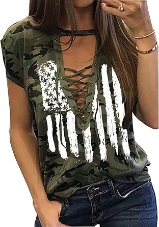 LLHXRUI American Flag Hollow Out Shirt Women USA Stars Stripes Lace Up Graphic Tees 4th July Patriotic Short Sleeve Shirt