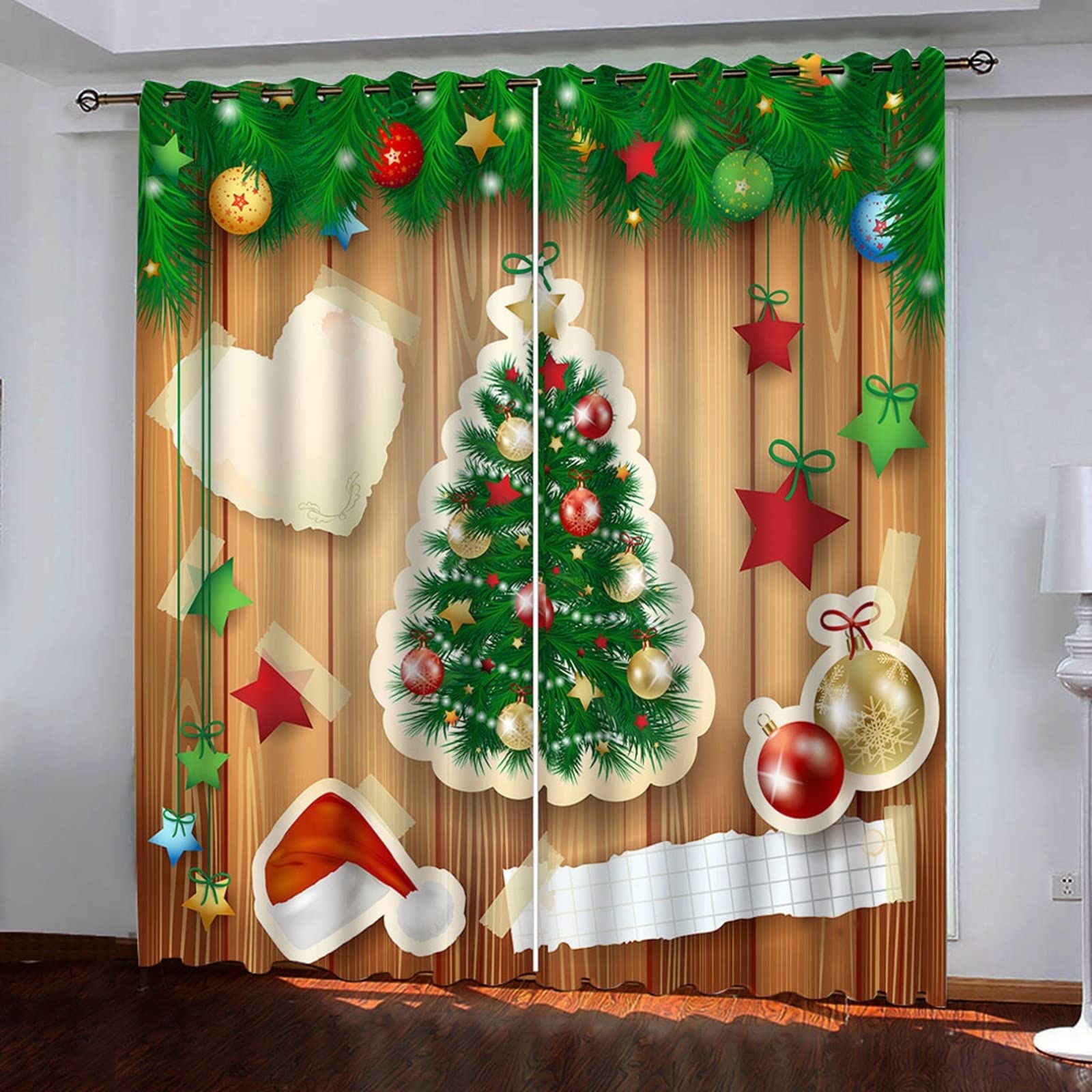Serce z choinką gwiazdy kulki zasłony kuchenne, zasłony z oczkami 2 panele, szer. 137 cm x dł. 160 cm