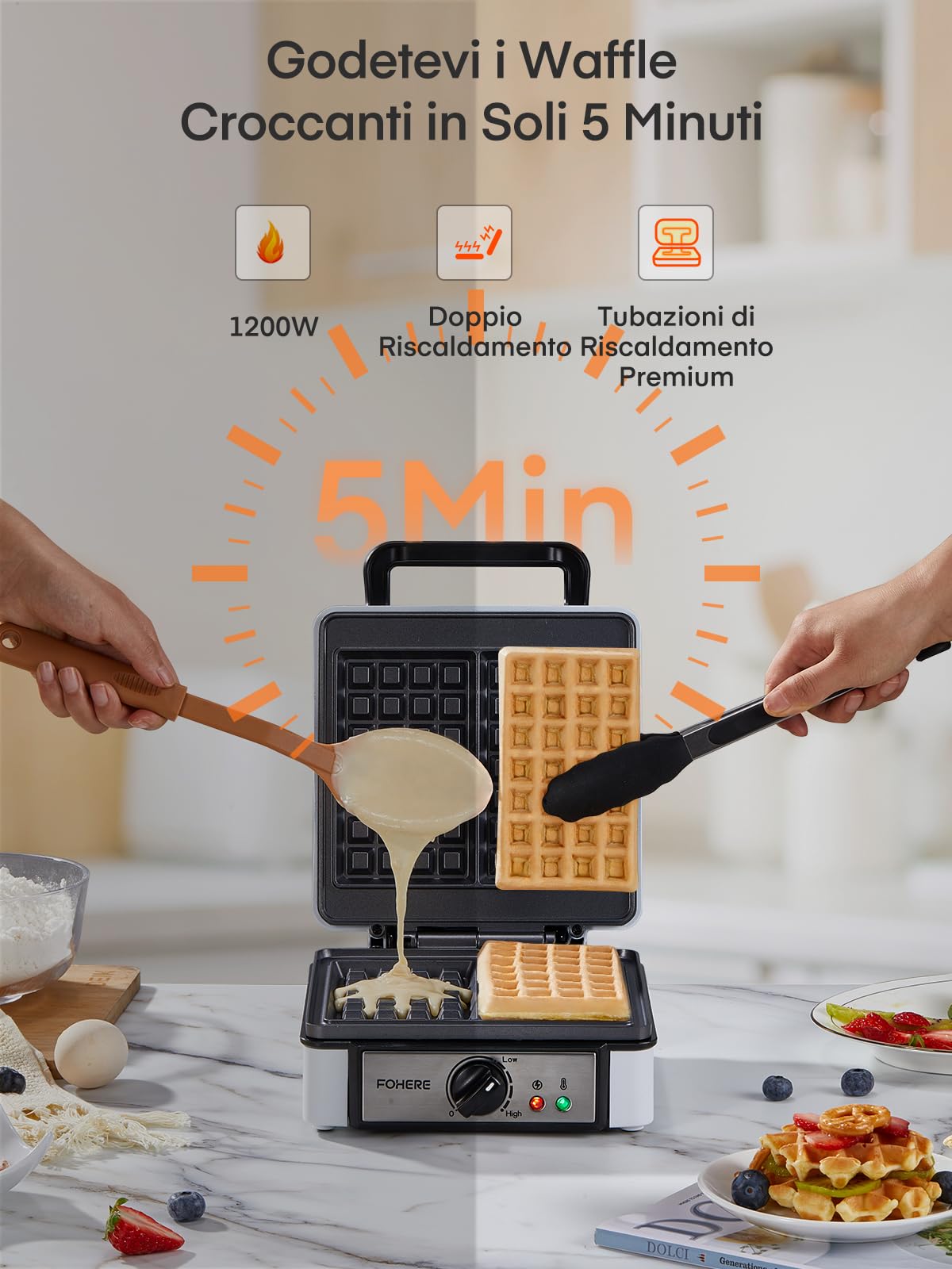 FOHERE Macchina per Waffle Doppia, Temperatura Regolabile, Rivestimento Antiaderente, Piastra Waffle Elettrica, Waffle Maker a 2 Fette, Manico a Tocco Freddo, Piastra per Waffle 1200 W