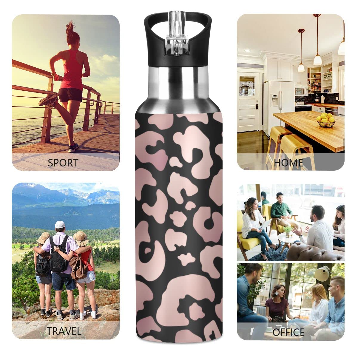 Edelstahl Wasserflasche mit Strohhalm, Schwarz Rose Gold Leopard Isolierte Trinkflasche Sport Wasserflasche für Kinder Erwachsene, Auslaufsicher, 1L