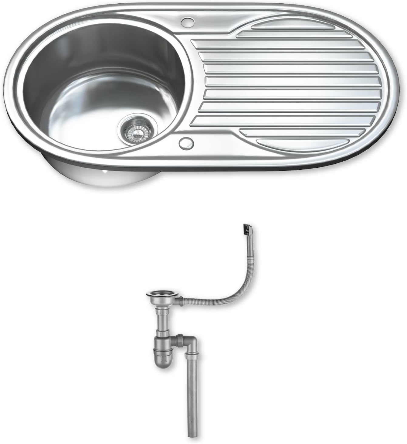 1061 Kitchen Sink with Drainer, Single Bowl 1.0, Oval, 304 Stainless Steel, Silver, 90 x 47 cm, Inset, Includes Full Waste Kit and fixings