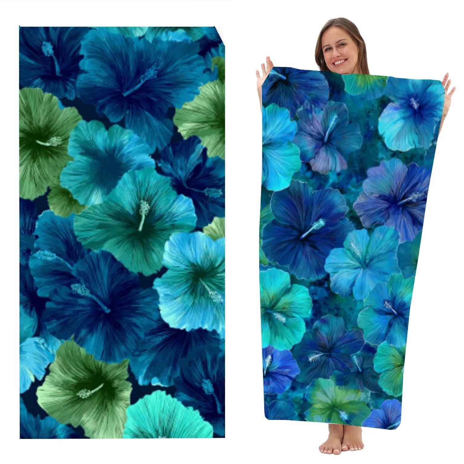 Serviette de Plage Microfibre 100x200 cm, Léger et Doux Anti Sable Séchage Rapide, pour la Plage, Les Voyages, Les piscines Intérieures ou Les saunas, Serviette Hommes 2 PC (Fleurs Bleu Foncé) z-2951