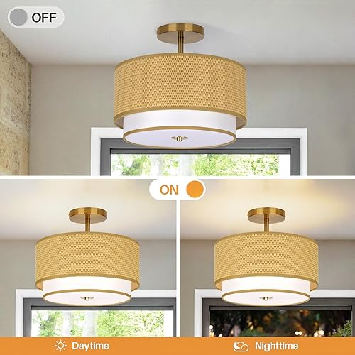 Miniatura 3 de Lámpara de techo estilo ratán tejida estilo bohemio, lámpara de techo cerrada de 12.6 pulgadas con diseño de tambor de 2 niveles para dormitorios,