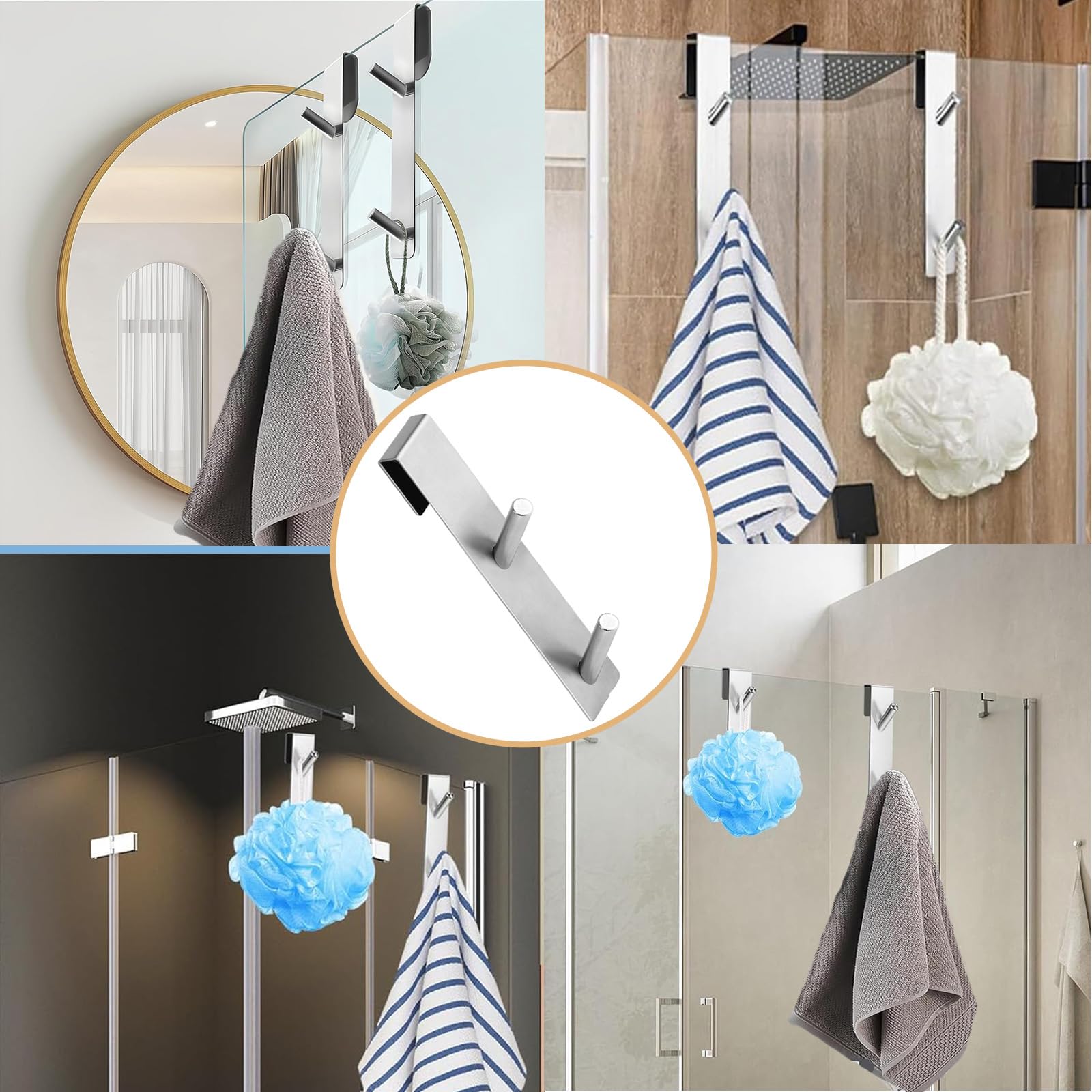 2 Pezzi Gancio Doccia - Ganci Asciugamani Bagno, Ganci sopra Porta Adatto Box Doccia in Vetro Senza Cornice di Spessore da 6-12 mm, Acciaio Inox (Gancho doble de plata)