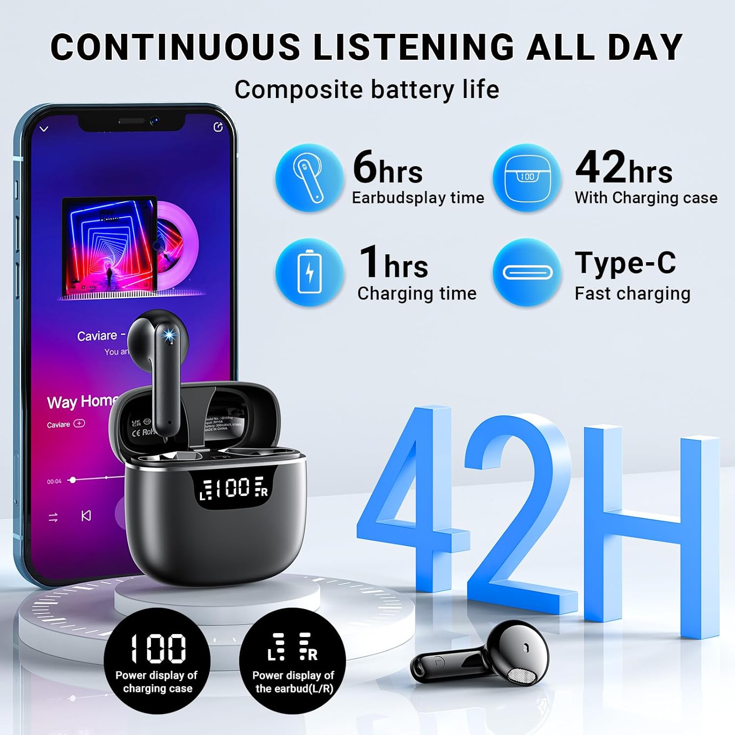 Wireless Earbuds, Bluetooth 5.4 Headphones with 42H Ultralight Ear Buds, Bluetooth Earbuds with 4 ENC Noise Cancelling Mics, HiFi Deep Bass Dual LED Display USB-C, IPX6 Waterproof Earphones Black