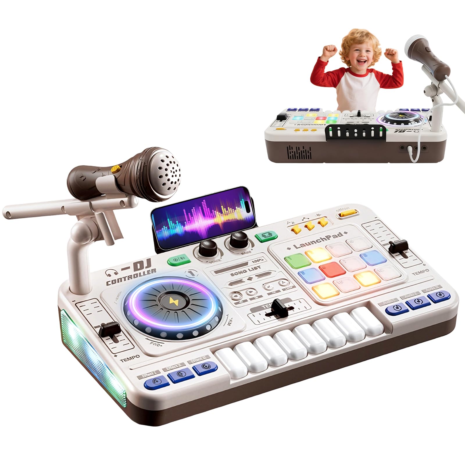 Mesa de mezclas DJ para niños de 3 a 12 años, Mezclador DJ para niños con micrófono, Luces, 100+ Sonidos DJ Mixer controlador Regalo Educativo para Niñas Recargable USB, Bluetooth