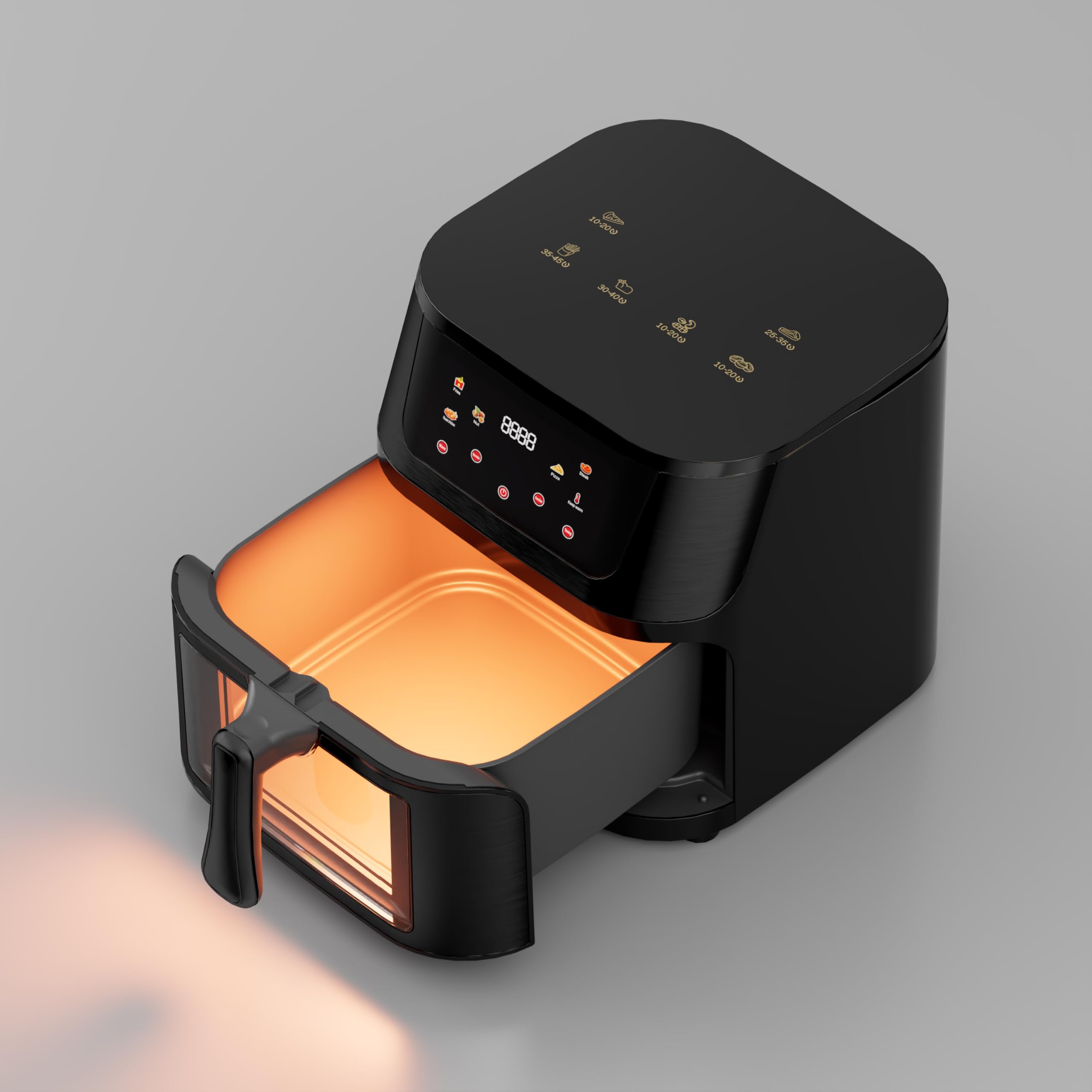 Friggitrice ad Aria 8L 1400W con Schermo Touch a Colori – 0-200°C, 7 Programmi Automatici (Patatine, Pizza, Carne, Pesce, Ali, Frutta Secca, Riscaldamento) – Griglia + Ricettario Inclusi