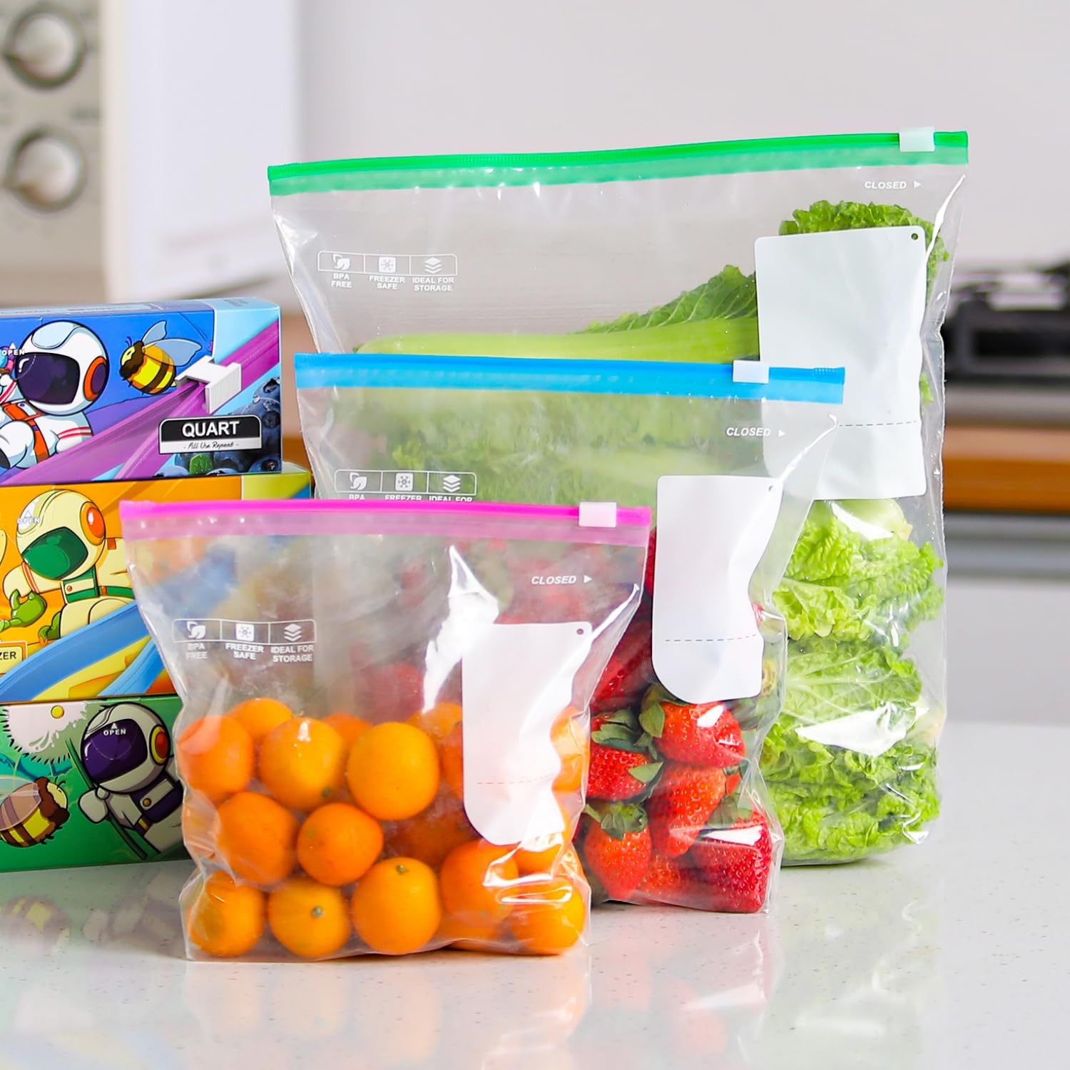 65 Sacchetti Freezer Riutilizzabili Con Chiusura Zip – PE, Antibatterici, Ermetici, Per Verdure, Carne E Snack – Set Multimisura