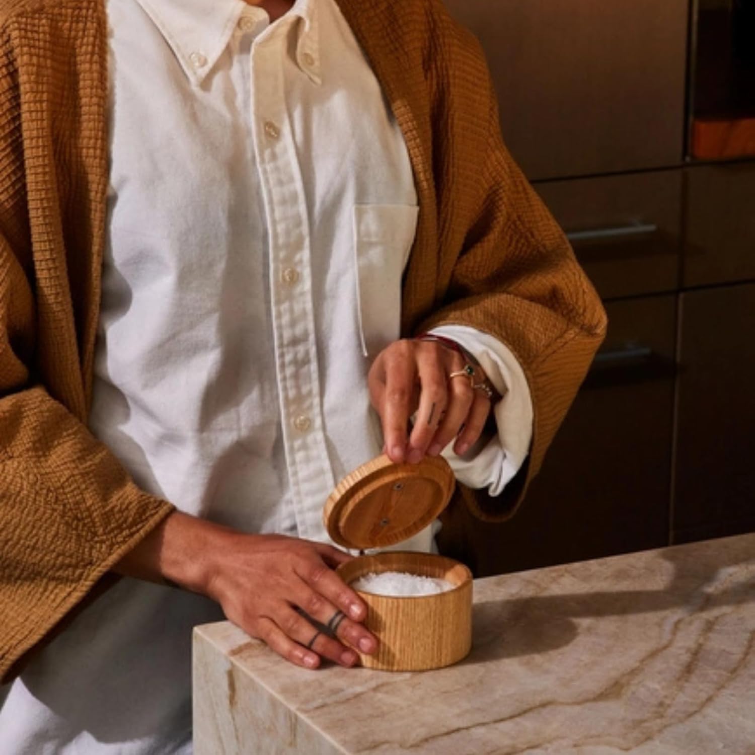 Holcomb Stash Salt Cellar – Handcrafted Ash Wood Salt Box with Lid & Metal Accent Elegant Countertop Luxury Salt Holder for Sea Salt, Spices Modern Kitchen Essentials, Home Decor Hostess Gifts