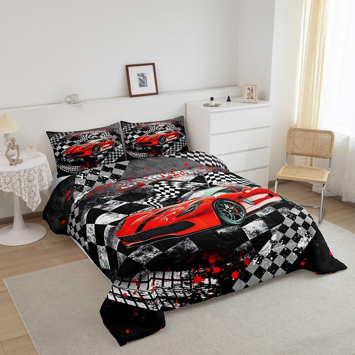 Boys Red Race Car King Size Comforter Sets for Kids Adults,Speed Sports Car Bedding Sets Youth Men Teens Child,Fast and Furious 3 Pieces Quilt Set,Geometric Checker Track Duvet Insert