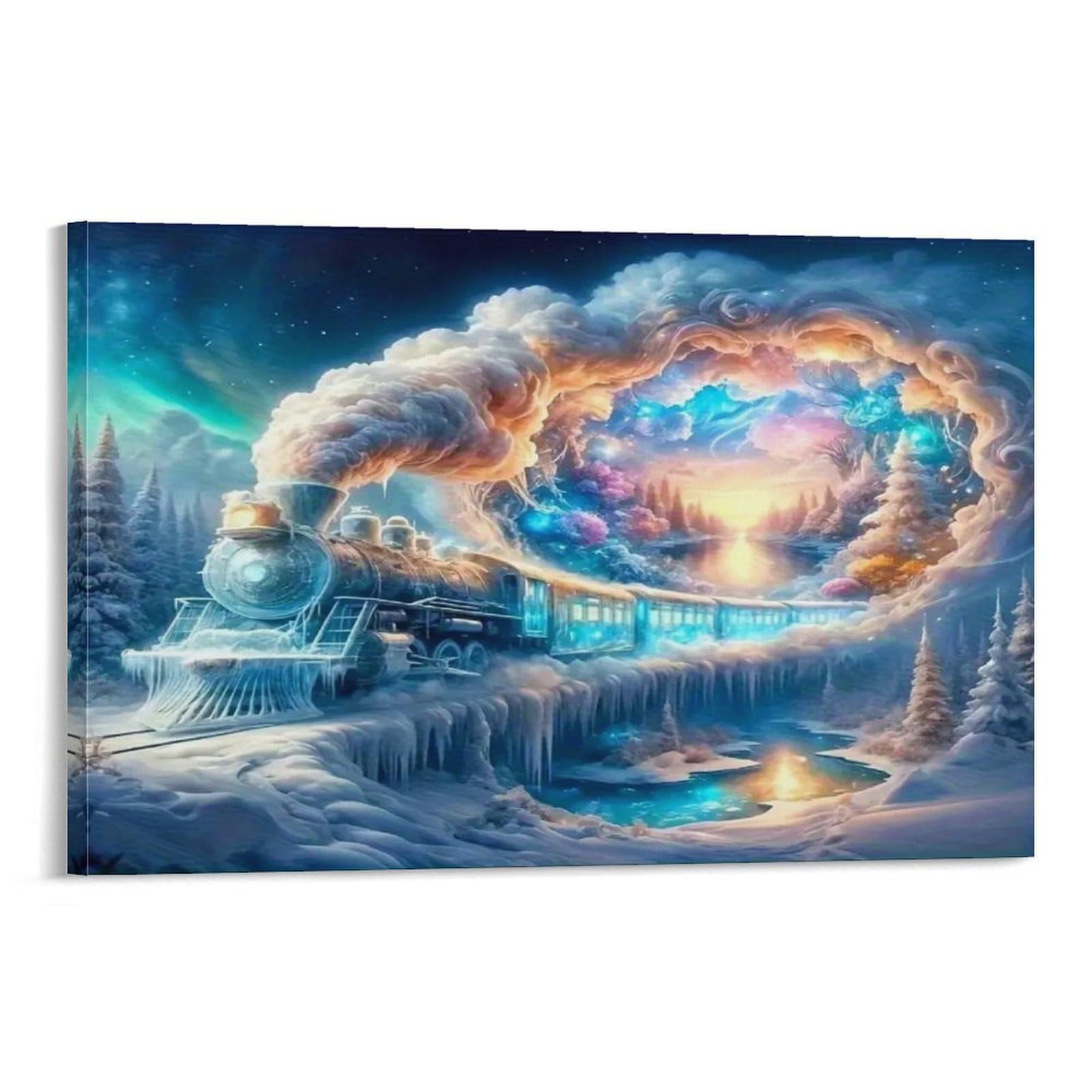 CPLVKWRQJ Snowy Train to Fairy Tale Castle Individual Magical Icy Steam Train Winter Aurora Woods Canvas Wall Art - Office Canvas Print Fade Resistant Wall Focal Art Ready to Hang 08x12inch(20x30cm)