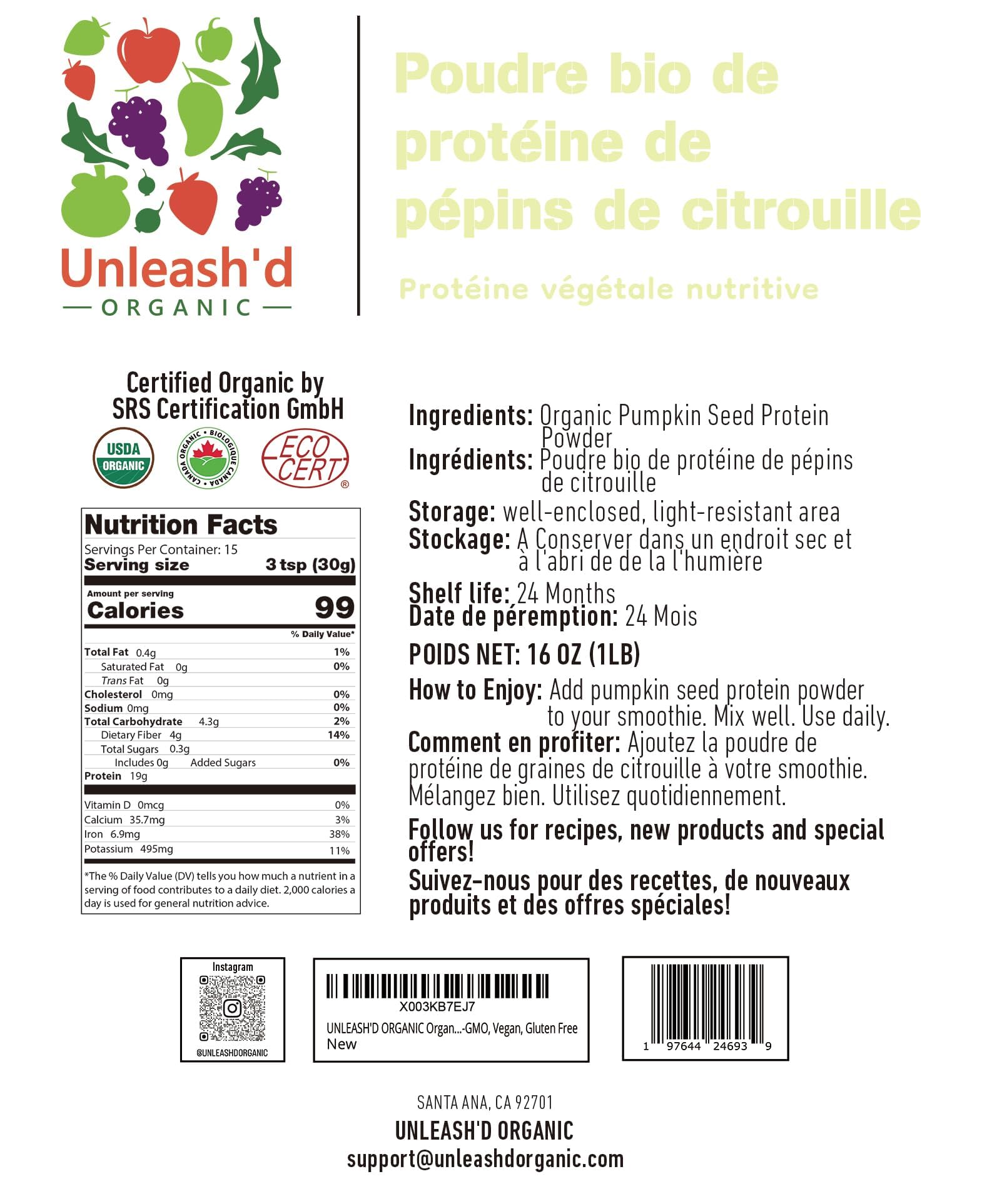 Unleash’d Organic Pumpkin Seed Protein Powder 16oz – Vegan, Non-GMO, Plant-Based Protein, No Artificial Sweeteners, Supports Immune Health — Amazon image 3